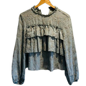 Zara Floral Embroidered gray/blue Top Ruffles Long Balloon Sleeves Size Medium